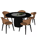 Modern Round Black Dining Table with Four Brown Chairs and Fruit Turntable 3d model
