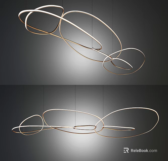 Modern Circular Metal Chandelier With Curved Rings For Stylish Interior Lighting 3d model 