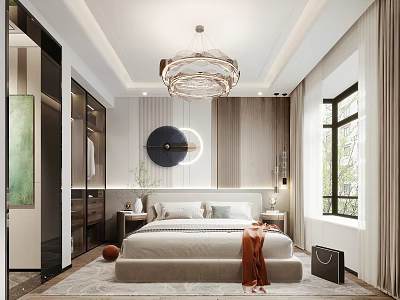 Modern Elegant Bedroom Interior with Plush Bed Crystal Chandelier Circular Mirror and Wooden Walls 3d model