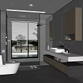 Modern Bathroom Interior Design With Glass Shower Double Vanity And Large Window Blinds