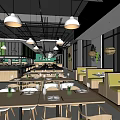 Modern Restaurant Interior With Wooden Tables Chairs Hanging Lights And Green Plants