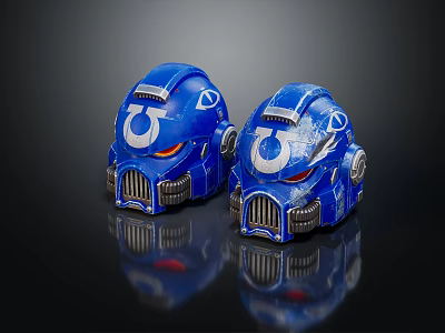 Two Blue Mechanical Helmets With White Logo Red Details On Black Background 3d model