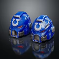 Two Blue Mechanical Helmets With White Logo Red Details On Black Background 3d model