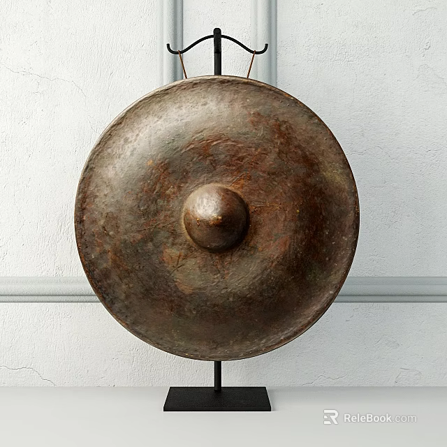Brass Musical Instrument Round Gong With Central Boss On Stand White Wall Background 3d model 