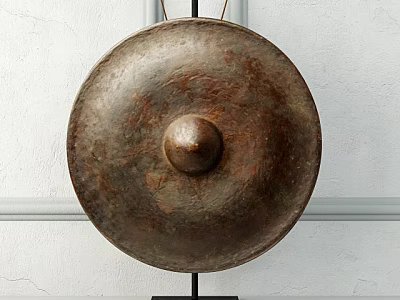 Brass Musical Instrument Round Gong With Central Boss On Stand White Wall Background 3d model