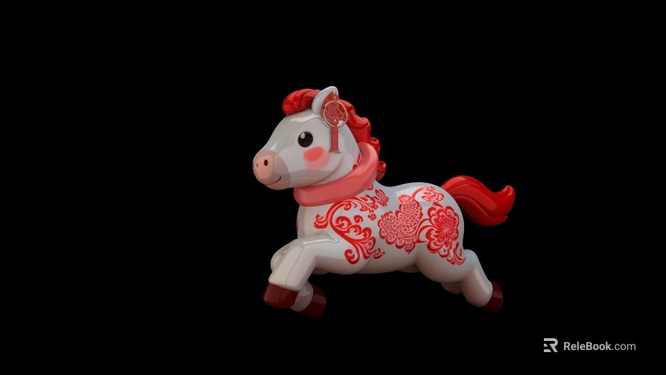 Cute White Toy Horse With Red Mane Tail Pink Collar And Floral Patterns 3d model 