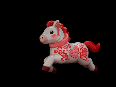 Cute White Toy Horse With Red Mane Tail Pink Collar And Floral Patterns 3d model