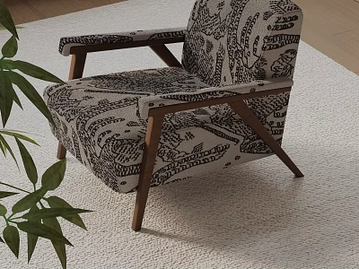 Black And White Patterned Accent Chair With Wooden Legs On Light Rug Near Green Plant 3d model
