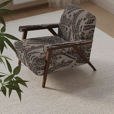 Black And White Patterned Accent Chair With Wooden Legs On Light Rug Near Green Plant 3d model