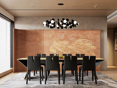 Modern Restaurant Interior With Long Dining Table Black Chairs Chandelier Orange Wall And Golden Pattern 3d model
