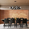 Modern Restaurant Interior With Long Dining Table Black Chairs Chandelier Orange Wall And Golden Pattern