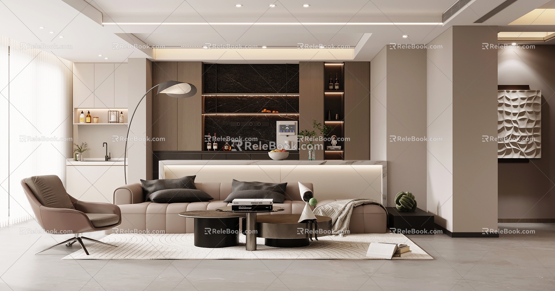 Italian Style Home Guest Restaurant Sofa Coffee Table Combination Light Luxury Home Guest Restaurant Leather Sofa Without Main Lamp Guest Restaurant Living Room Study Integrated Dining Table and Chair Light Luxury Italian Style 3d model