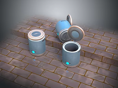 Blue Trash Cans With Open Lid And Blue Lights On Brick Floor 3d model
