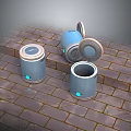 Blue Trash Cans With Open Lid And Blue Lights On Brick Floor