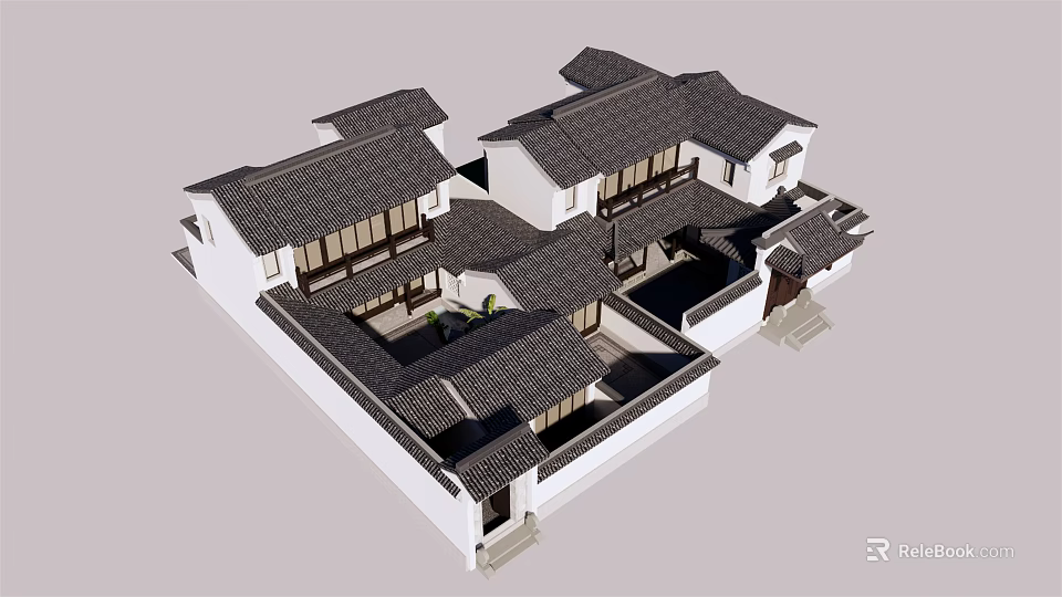 Ancient Chinese Architectural Complex With Tile Roofs White Walls And Courtyard Design 3d model