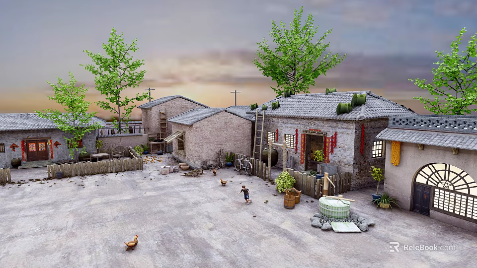 Rural Self Built Brick House With Yard Chickens Children Playing And Trees 3d model 