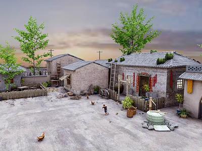 Rural Self Built Brick House With Yard Chickens Children Playing And Trees 3d model