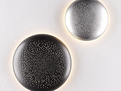 Modern Round Perforated Wall Lamps in Black and Silver with Warm Light Glow on White Wall 3d model