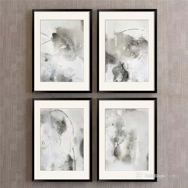 Four Black Framed Ink Style Abstract Paintings On Gray Wall 3d model