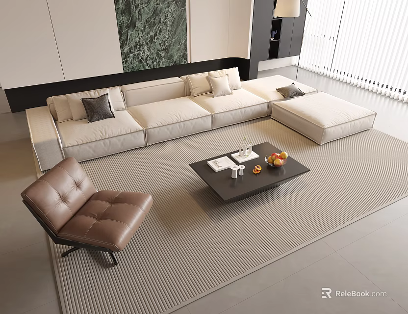 Light Colored L Shaped Sofa Set With Black Coffee Table And Brown Leather Chair 3d model 