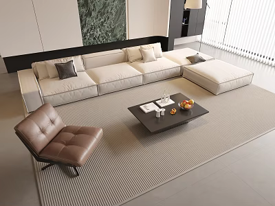 Light Colored L Shaped Sofa Set With Black Coffee Table And Brown Leather Chair 3d model