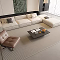 Light Colored L Shaped Sofa Set With Black Coffee Table And Brown Leather Chair