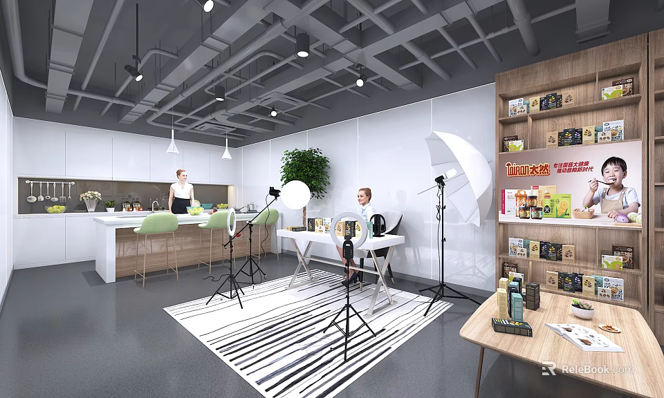 Modern Open Public Office Space With Workstations Green Plants Bookshelves Lighting And Striped Rug 3d model 
