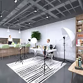 Modern Open Public Office Space With Workstations Green Plants Bookshelves Lighting And Striped Rug