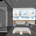 Hotel Guest Room With Space Themed Mural Rockets Planets Two Beds Transparent Bathroom Scenic View