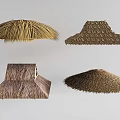 Thatch Roof Components With Straw Covered Conical And Wooden Structural Designs 3d model