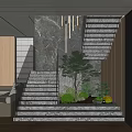 Modern Interior Staircase With Stone Wall Wooden Accents and Green Plants