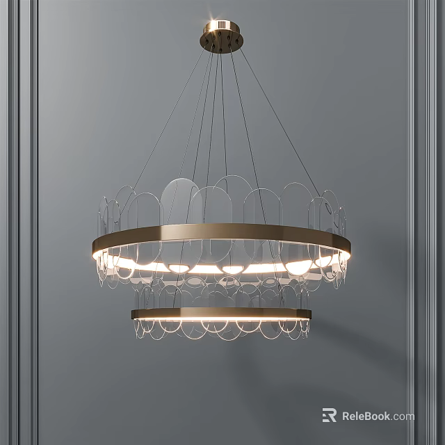 Modern Elegant Hanging Chandelier With Double Layer Transparent Elements And Golden Metal Frame 3d model 