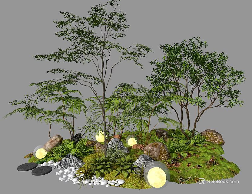 Natural Garden Landscape With Trees Ferns Glowing Lights Stones Moss And Pebbles 3d model 