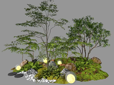 Natural Garden Landscape With Trees Ferns Glowing Lights Stones Moss And Pebbles 3d model