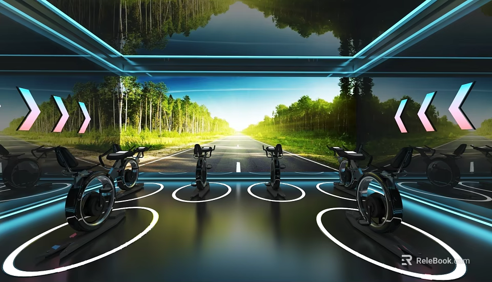Modern Virtual Cycling Studio With Exercise Bikes Forest Road Projection And Circular Lights 3d model