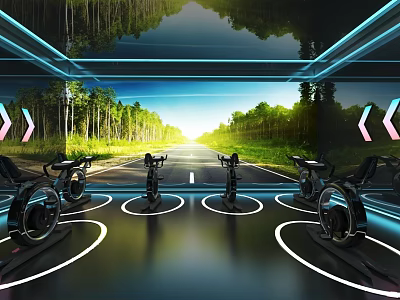 Modern Virtual Cycling Studio With Exercise Bikes Forest Road Projection And Circular Lights 3d model