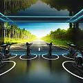 Modern Virtual Cycling Studio With Exercise Bikes Forest Road Projection And Circular Lights 3d model