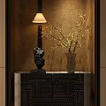 Traditional Entryway Console Table With Table Lamp Vase And Plum Blossom Branches On Textured Wall