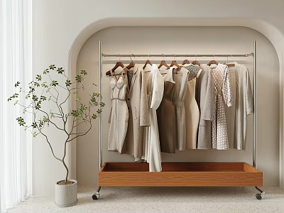 Stylish Clothes Hanging On Metal Rack With Wooden Drawer Green Plant And Light Arched Wall 3d model