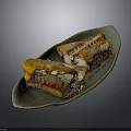 Grilled Golden Fish Served on Green Plate with Dark Background 3d model