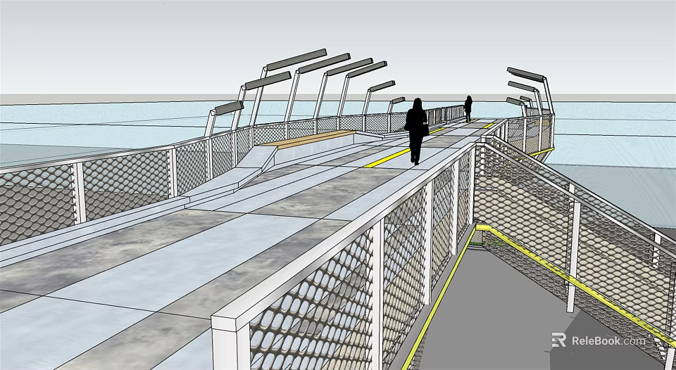 Modern Waterfront Bridge with Pedestrians Walking and Netted Railing Design 3d model