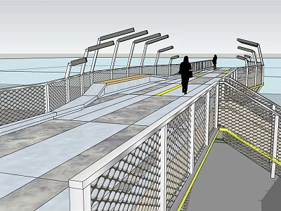 Modern Waterfront Bridge with Pedestrians Walking and Netted Railing Design 3d model