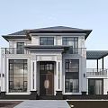 Classical Style Two Story Detached Villa With White Exterior Dark Roof And Front Porch Balcony