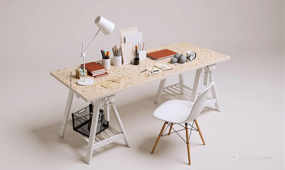 Modern Desk With Desk Lamp Books Colored Pencils Notebook Alarm Clock And White Chair 3d model 