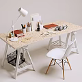 Modern Desk With Desk Lamp Books Colored Pencils Notebook Alarm Clock And White Chair