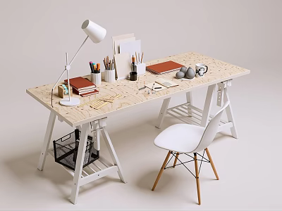 Modern Desk With Desk Lamp Books Colored Pencils Notebook Alarm Clock And White Chair 3d model