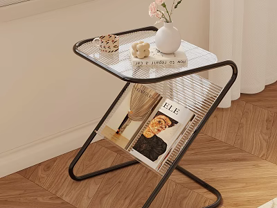 Modern Side Table with Metal Frame Glass Top Vase Pink Flowers Mug and Magazines 3d model