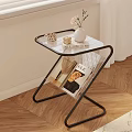 Modern Side Table with Metal Frame Glass Top Vase Pink Flowers Mug and Magazines