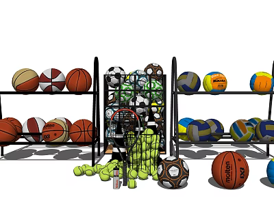 Sports Equipment Display Featuring Assorted Basketballs Volleyballs Tennis Balls And Rackets On Shelves 3d model