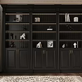 Dark Wood Display Cabinet With Books Decorative Ornaments Sculptures And Cabinet Doors